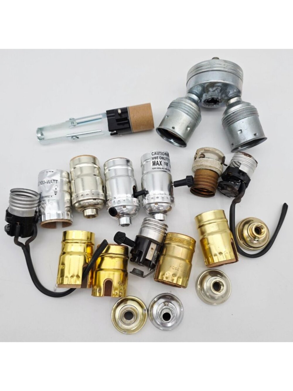 Vintage Lamp Parts Lot Including Metal Sockets Brass Plated Bases Double Socket